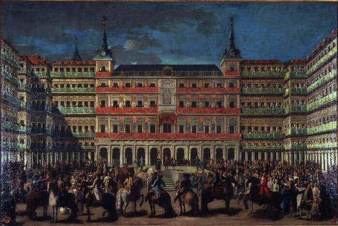 Una de las pinturas de Lorenzo Quirós declarada bien de interés cultural por la Comunidad de Madrid Lorenzo Quiros Ornato de Plaza Mayor con motivo de la entrada de Carlos III en Madrid